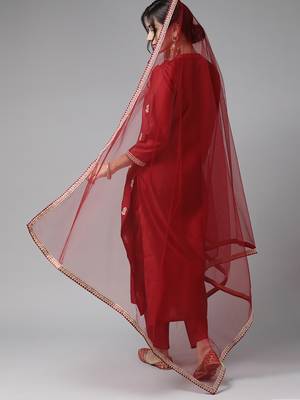 Indo Era Red Embroidered Straight Kurta Trouser With Dupatta Set 2