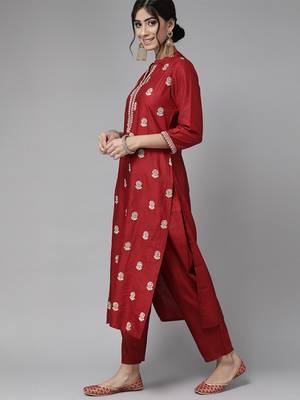 Indo Era Red Embroidered Straight Kurta Trouser With Dupatta Set 3