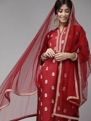 Indo Era Red Embroidered Straight Kurta Trouser With Dupatta Set 4