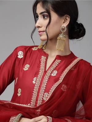 Indo Era Red Embroidered Straight Kurta Trouser With Dupatta Set 5