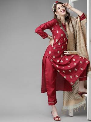 Indo Era Wine Embroidered Straight Kurta Trouser With Dupatta Set 1