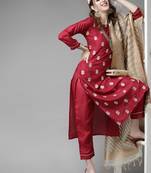 Indo Era Wine Embroidered Straight Kurta Trouser With Dupatta Set