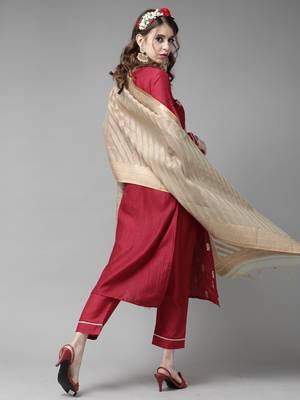 Indo Era Wine Embroidered Straight Kurta Trouser With Dupatta Set 2