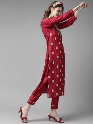 Indo Era Wine Embroidered Straight Kurta Trouser With Dupatta Set 3