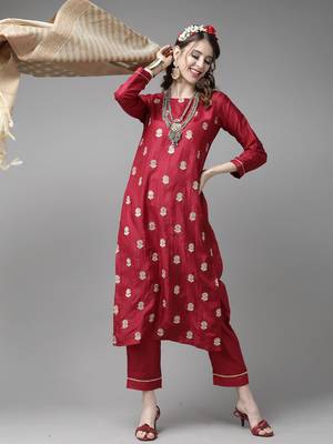 Indo Era Wine Embroidered Straight Kurta Trouser With Dupatta Set 4