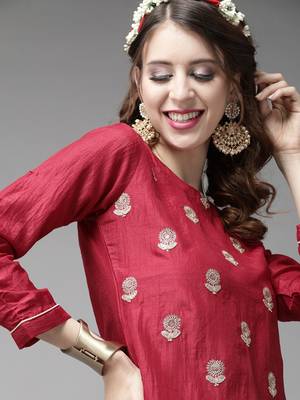 Indo Era Wine Embroidered Straight Kurta Trouser With Dupatta Set 5
