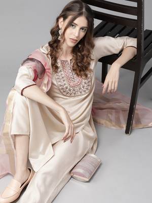 Indo Era Beigh Embroidered Straight Kurta Palazzo With Dupatta Set 1