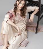 Indo Era Beigh Embroidered Straight Kurta Palazzo With Dupatta Set