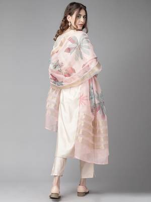 Indo Era Beigh Embroidered Straight Kurta Palazzo With Dupatta Set 2