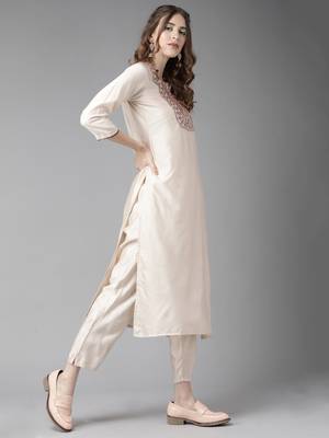 Indo Era Beigh Embroidered Straight Kurta Palazzo With Dupatta Set 3