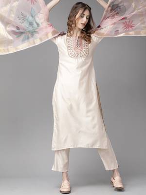 Indo Era Beigh Embroidered Straight Kurta Palazzo With Dupatta Set 4