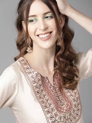 Indo Era Beigh Embroidered Straight Kurta Palazzo With Dupatta Set 5