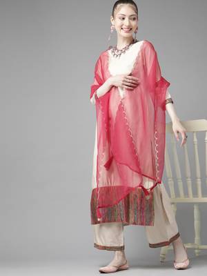 Indo Era Off White Solid Straight Kurta Palazzo with Dupatta Sets 1