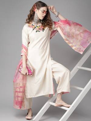 Indo Era Cream Embroidered Straight Kurta Palazzo with Dupatta Set 1