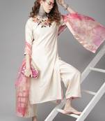 Indo Era Cream Embroidered Straight Kurta Palazzo with Dupatta Set