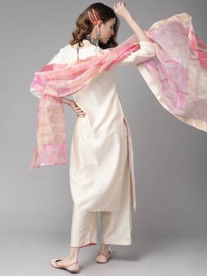 Indo Era Cream Embroidered Straight Kurta Palazzo with Dupatta Set 2