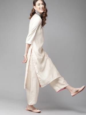 Indo Era Cream Embroidered Straight Kurta Palazzo with Dupatta Set 3