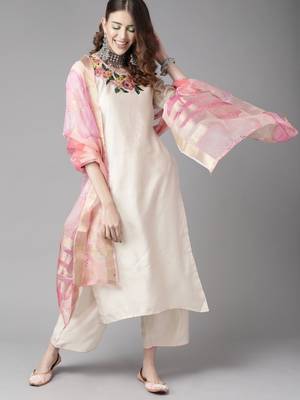 Indo Era Cream Embroidered Straight Kurta Palazzo with Dupatta Set 4