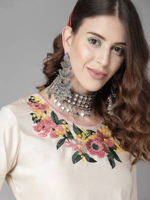 Indo Era Cream Embroidered Straight Kurta Palazzo with Dupatta Set 5