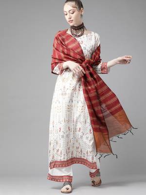 Indo Era White Foil Printed Straight Kurta with Palazzo Dupatta Set 1