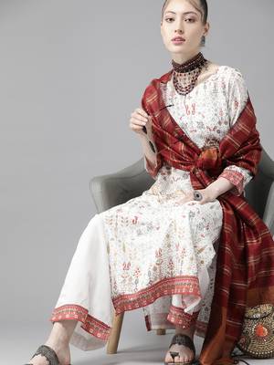Indo Era White Foil Printed Straight Kurta with Palazzo Dupatta Set 4