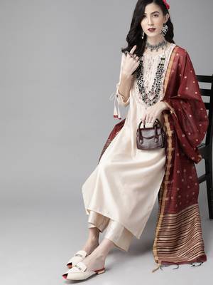 Indo Era Off White Embroidered Straight Kurta Trouser With Dupatta Set 1