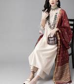 Indo Era Off White Embroidered Straight Kurta Trouser With Dupatta Set