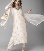 Indo Era Off White Floral Embroidered Straight Kurta Palazzo Dupatta Set