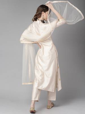 Indo Era Off White Floral Embroidered Straight Kurta Palazzo Dupatta Set 2
