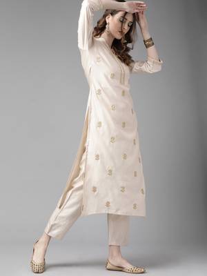 Indo Era Off White Floral Embroidered Straight Kurta Palazzo Dupatta Set 3