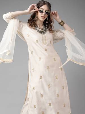 Indo Era Off White Floral Embroidered Straight Kurta Palazzo Dupatta Set 4