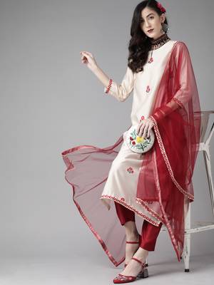 Indo Era Off White Floral Embroidered Straight Kurta Palazzo Dupatta Set 1
