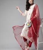 Indo Era Off White Floral Embroidered Straight Kurta Palazzo Dupatta Set