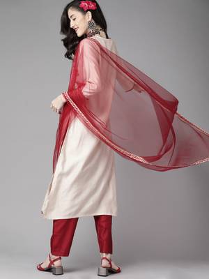 Indo Era Off White Floral Embroidered Straight Kurta Palazzo Dupatta Set 2