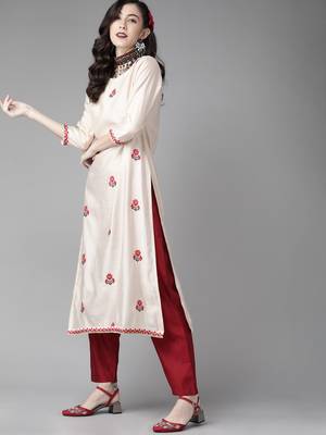 Indo Era Off White Floral Embroidered Straight Kurta Palazzo Dupatta Set 3