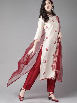 Indo Era Off White Floral Embroidered Straight Kurta Palazzo Dupatta Set 4