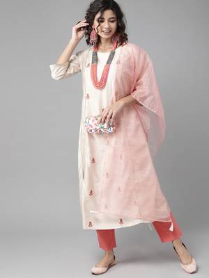Indo Era Off White Floral Embroidered Straight Kurta Trouser With Dupatta Set 1