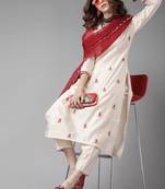 Indo Era Off White Floral Embroidered A-line Kurta Trouser With Dupatta Set