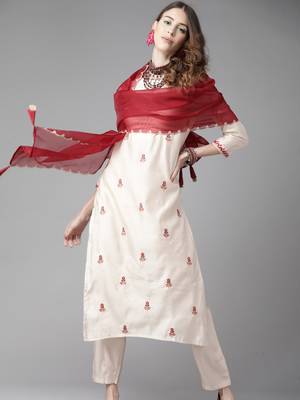 Indo Era Off White Floral Embroidered A-line Kurta Trouser With Dupatta Set 3