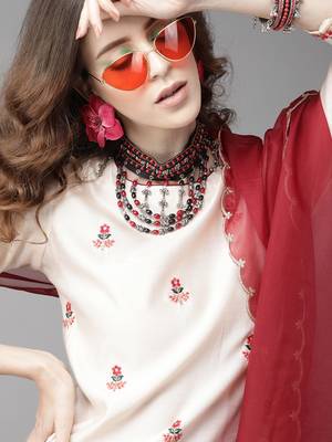 Indo Era Off White Floral Embroidered A-line Kurta Trouser With Dupatta Set 5