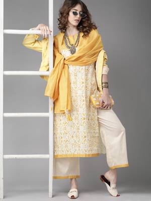 Indo Era Off White Floral Printed Straight Kurta Palazzo With Dupatta Set 1