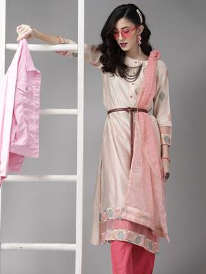 Indo Era Off White Embroidered Straight Kurta Palazzo With Dupatta Set 1