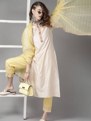 Indo Era Off White Embroidered Straight Kurta Palazzo With Dupatta Set 1