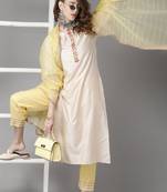 Indo Era Off White Embroidered Straight Kurta Palazzo With Dupatta Set