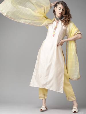 Indo Era Off White Embroidered Straight Kurta Palazzo With Dupatta Set 4
