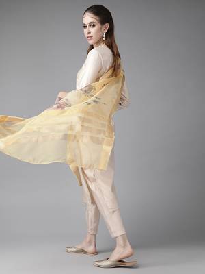 Indo Era Off White Solid Straight Kurta Trouser With Dupatta Set 2