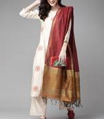 Indo Era Off White Embroidered Straight Kurta Trouser With Dupatta Set