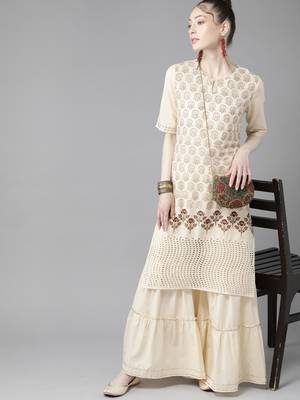 Indo Era Cream Foil Printed Straight Kurta Sharara Set 1