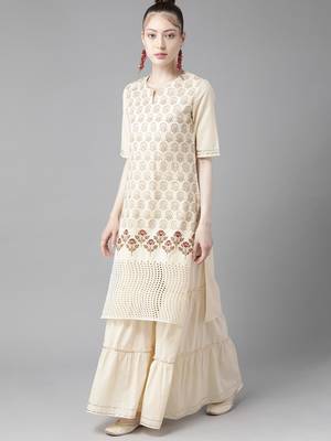 Indo Era Cream Foil Printed Straight Kurta Sharara Set 3