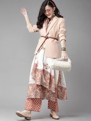Indo Era Off White Floral Printed Straight Kurta Palazzo Dupatta Set 2